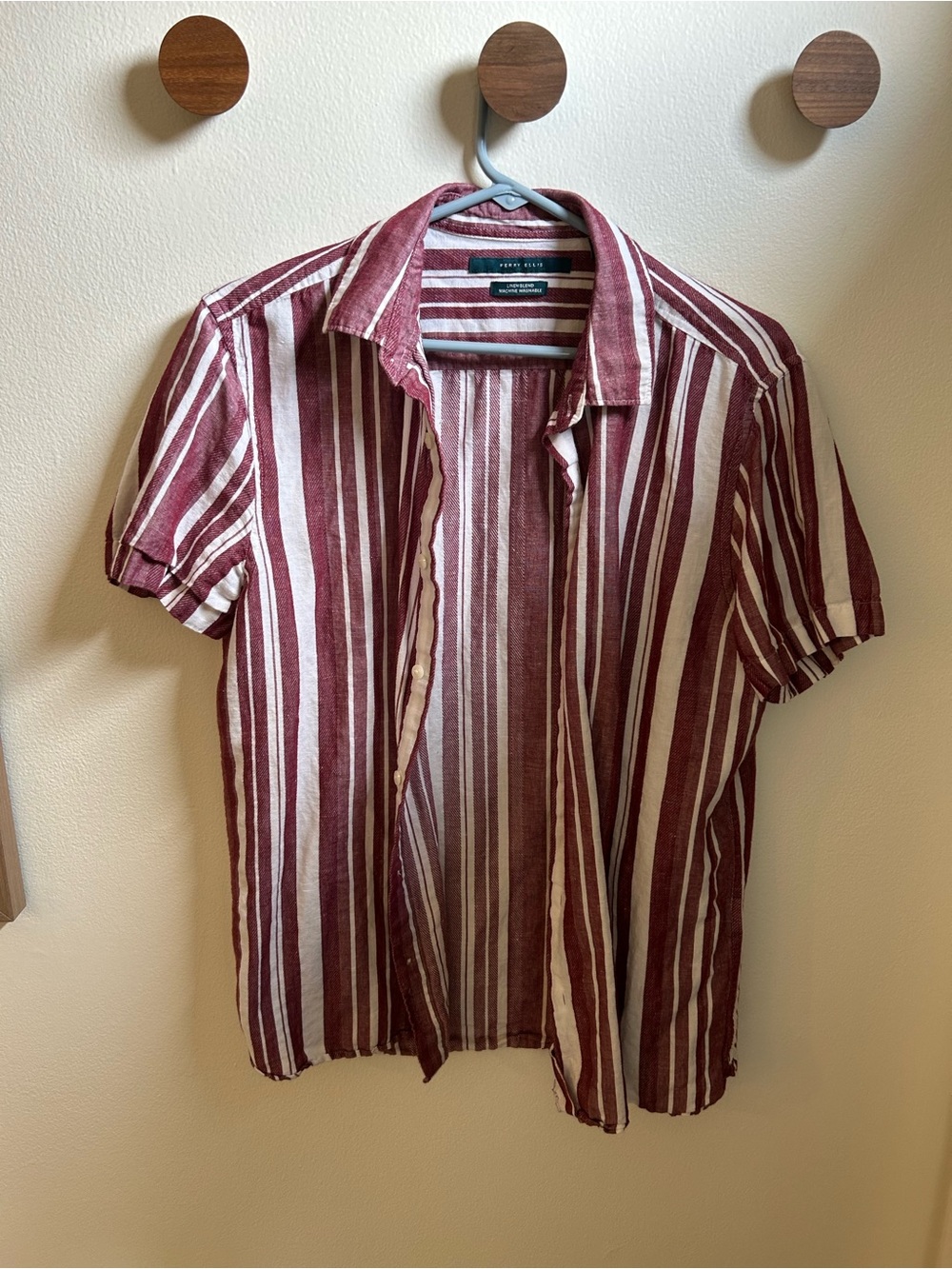 Perry Ellis Burgundy and White Short Sleeve Striped Button-Up Shirt